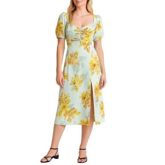 Anthropologie The Vineyard Floral Satin Midi Dress Blue Yellow Puff Sleeve sz 4 - Picture 2 of 8